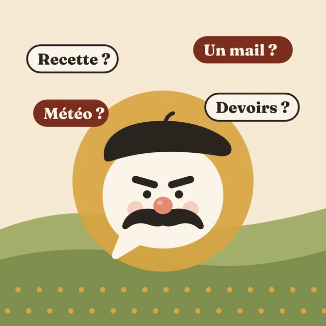 Michel, son béret et sa moustache, entouré de questions : recette, mail, météo, devoirs